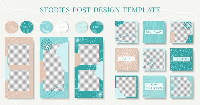 Abstract Design template backgrounds for social media banner.Set of stories and post frame templates.Vector cover. Mockup for personal blog or shop.Layout for promotion. Endless square photos puzzle.