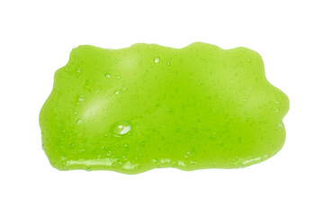 Green slime toy in woman hand isolated on white.