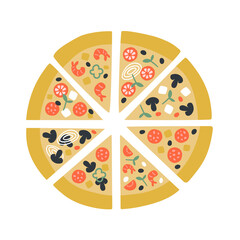 Cute vector illustration of pizza slices. Tasty delicious italian traditional food. Pepperoni, vegeterian, seafood, mushrooms, shrimps, cheese, tomato. For promo, menu, poster, pizzeria