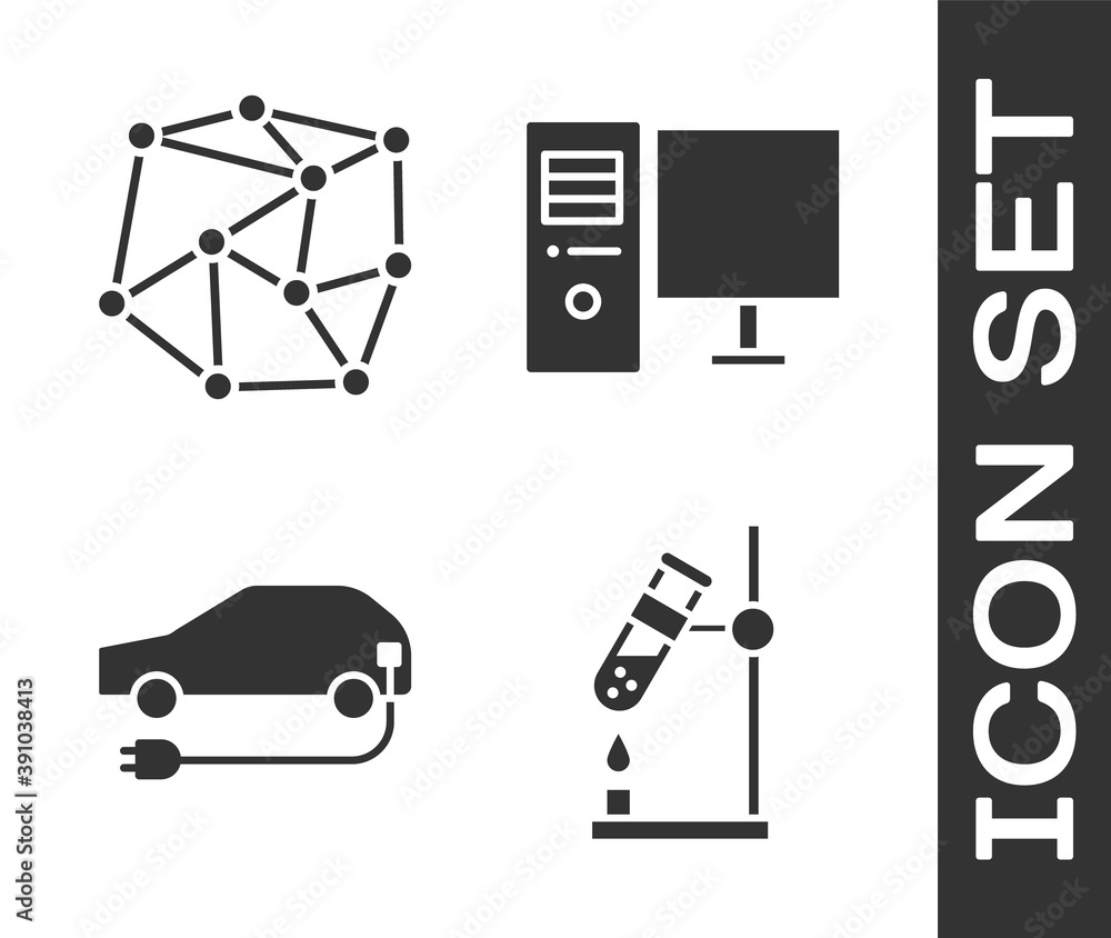 Aufkleber set test tube flask on fire, neural network, electric car and computer monitor icon. vector.