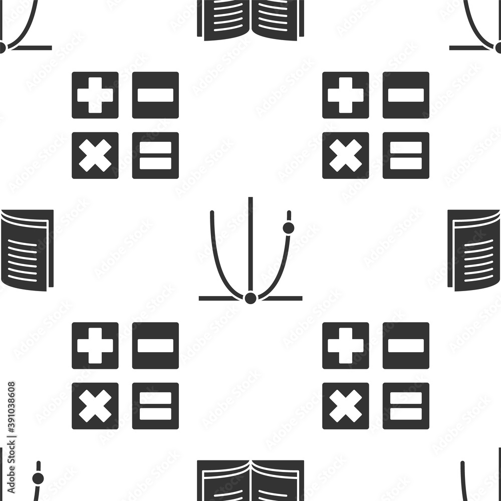 Poster set open book, graph, schedule, chart, diagram and calculator on seamless pattern. vector.