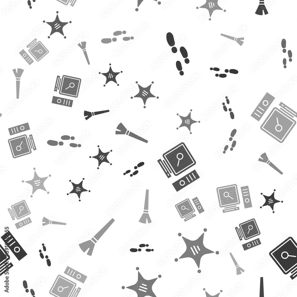 Poster set footsteps, hexagram sheriff, search on computer screen and paint brush on seamless pattern. vect