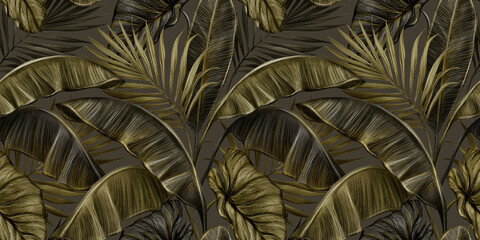 Tropical exotic seamless pattern with dark golden vintage banana leaves, palm and colocasia. Hand-drawn 3D illustration. Good for production wallpapers, cloth, fabric printing, goods.