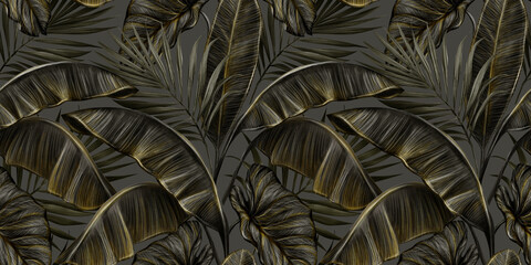 Tropical exotic seamless pattern with dark golden vintage banana leaves, palm and colocasia. Hand-drawn 3D illustration. Good for production wallpapers, cloth, fabric printing, goods.