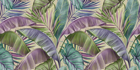 Tropisches exotisches nahtloses Muster mit farbigen Vintage-Bananenblättern, Palmen und Colocasia. Handgezeichnete 3D-Illustration. Gut für die Produktion von Tapeten, Stoff, Stoffdruck, Waren.