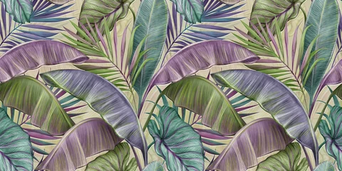 Fototapete Tropische Blätter Tropisches exotisches nahtloses Muster mit farbigen Vintage-Bananenblättern, Palmen und Colocasia. Handgezeichnete 3D-Illustration. Gut für die Produktion von Tapeten, Stoff, Stoffdruck, Waren.