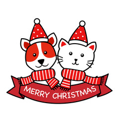 Dog and cat wearing Santa hat and scarf in line art design. Merry Christmas concept vector illustration. Holiday celebration.