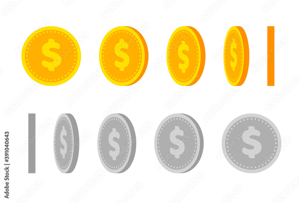 Poster gold coin animation for game and apps. vector golden coins in different shapes or position. illustra