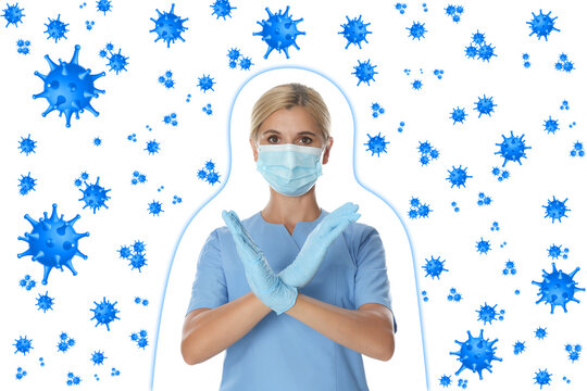 Stronger immunity - better disease resistance. Doctor in protective mask showing stop gesture surrounded by viruses on white background