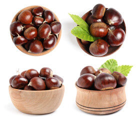 Sweet edible chestnuts in wooden bowls on white background, side and top views