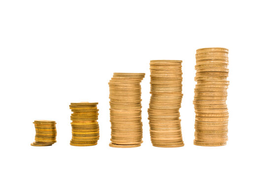 isolated image of Increasing piles of golden coins on white background , Concept for financial growth