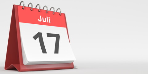 July 17 date written in German on the flip calendar page. 3d rendering