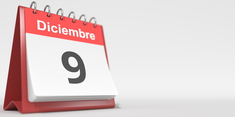 December 9 date written in Spanish on the flip calendar, 3d rendering