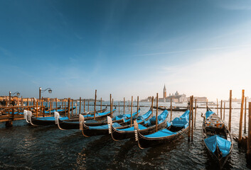Gondolas on Grand Canal and San Giorgio Maggiore church in Venice