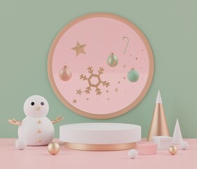 3d rendering scene of Christmas holiday concept decorate with tree and displays podium or pedestal for mock up and products presentation.