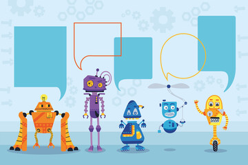 Obraz premium Banner with robots and bubbles speech for your text in a flat style. Banner with robot toys collection. Vector illustration