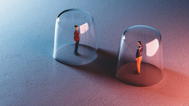 Man and woman meet from behind glassy bubbles. Social distancing