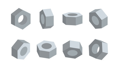 3D nut in various angles vector. Nuts top view, side view, half turn.
