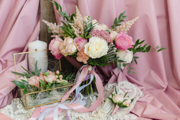 Wedding bouquet gently pink boutonniere groom box for rings. Wedding details and accessories. Morning of the bride