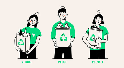 People are holding various rubbish in containers, trash bins or dumpsters. Cute funny characters. Sorting, Recycling, zero waste, care about the environment concept. Hand drawn Vector illustration