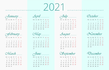 2021 Calendar template. 12 months, English. Horizontal simple and clean design