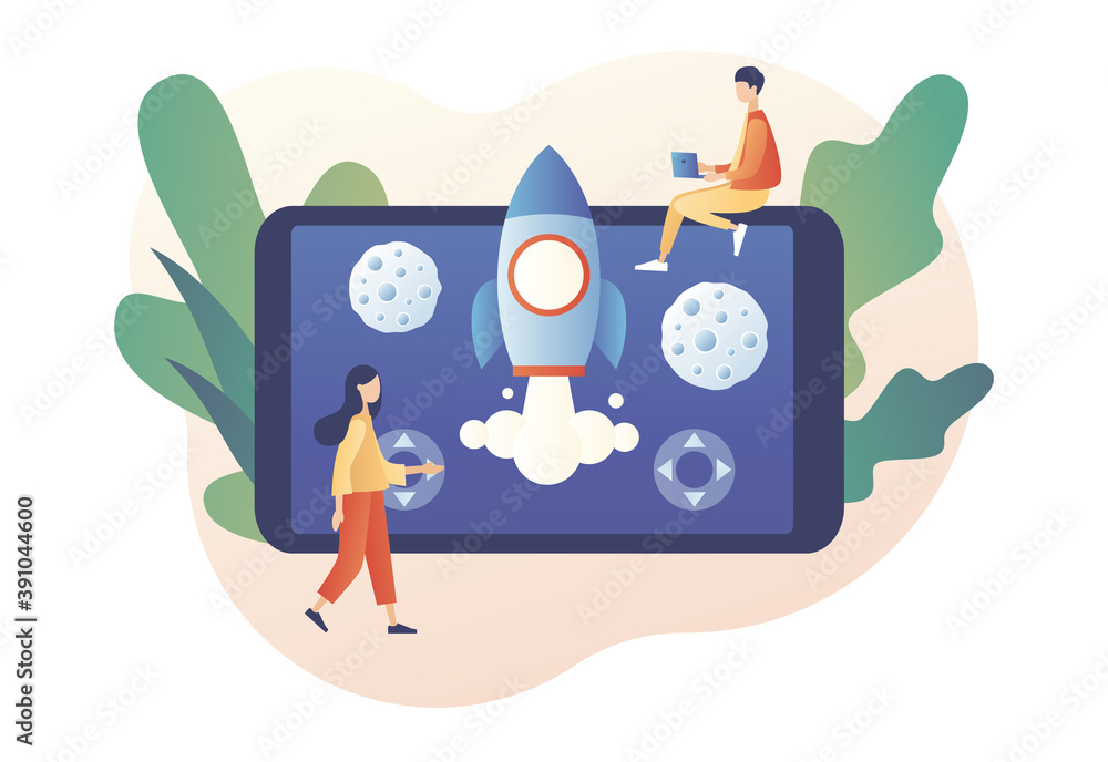 Poster retro game online. tiny people playing video game with rocket and asteroids using laptop, smartphone