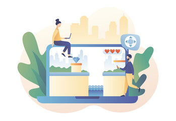Retro game online. Tiny people playing classic platformer using laptop. Modern flat cartoon style. Vector illustration on white background	