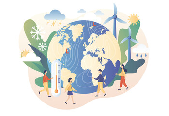 World Meteorological day. Tiny people meteorologists studying and researching weather and climate condition. Meteorology science. Modern flat cartoon style. Vector illustration on white background