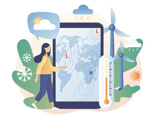 World Meteorological day. Meteorology science. Tiny woman meteorologist studying and researching weather and climate condition with smartphone app. Modern flat cartoon style. Vector illustration - obrazy, fototapety, plakaty