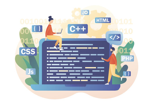 Tiny people programmer or developer create code programming language. Programming and engineering development. PHP,HTML,C++, CSS, Js. Modern flat cartoon style. Vector illustration on white background