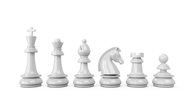 3D Rendering White chess pieces isolated on white background