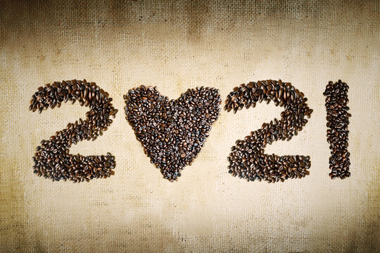 Coffee beans shaped 2021 numbers and heart symbol