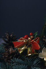 Christmas background with bells and cones on christmas tree branch 