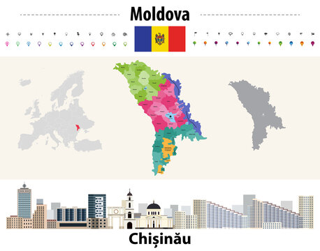 Moldova administrative divisions map. Flag of Moldova. Kishinev cityscape. Vector illustration