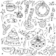 Set of hand drawn winter doodles in vector. Christmas illustrations and lettering.