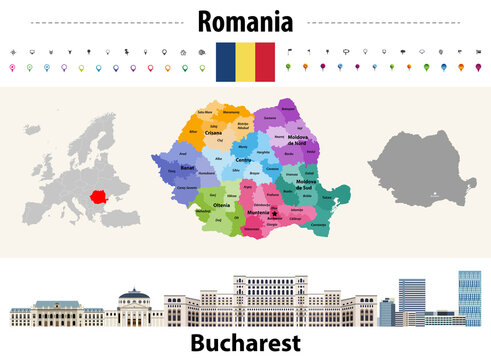 Romania countries colored by regions map. Bucharest cityscape. Vector illustration