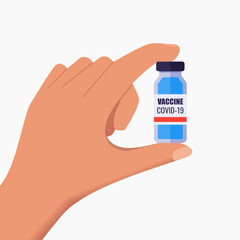 Hand Holding Covid-19 Vaccine in a Vial or Small Bottle Illustration Vector. Vaccination, Healthcare & Immunization Flat Design Cartoon Vector. Can be Used for Print and Digital Infographic 