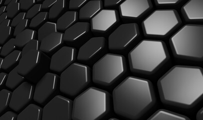 Abstract black hexagon background; dark honeycomb pattern; close up of reflective hex geometric structure; perspective view, depth of field; 3d rendering, 3d illustration
