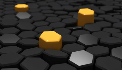 Black hexagons background with three yellow fields and focus on single hex; abstract 3d honeycomb pattern composition; concept of isolation; perspective, depth of field; 3d rendering, 3d illustration