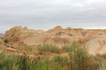 Desert landscape in a cloudy day in Bardenas Reales of Navarra, Spain.