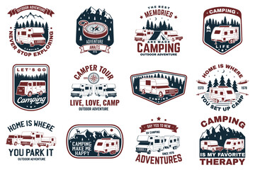 Set of rv camping badges, patches. Vector. Concept for shirt or logo, print, stamp or tee. Vintage typography design with RV Motorhome, camping trailer and off-road car silhouette. - obrazy, fototapety, plakaty