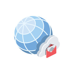 Globe cloud email. Vector 3d isometric, color web icons set, new flat style. Creative illustration, idea for infographics.