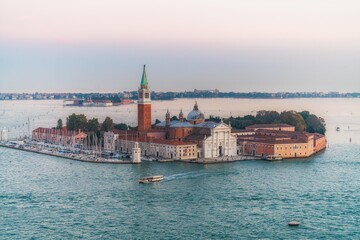 Fototapeta na wymiar Aerial view of San Giorgio Maggiore church island, Sunset over the grand canal, Venice Italy