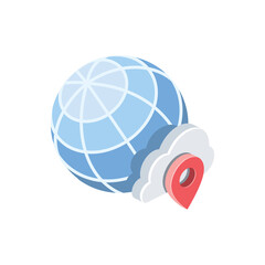 Globe cloud pin map label. Vector 3d isometric, color web icons set, new flat style. Creative illustration, idea for infographics.