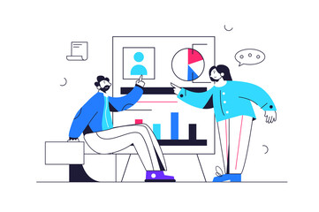 Guy and girl discussing project near mega board with graphs and data isolated on white background, flat vector illustration