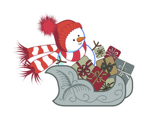 A funny snowman character in a red knitted hat with a pompom and a striped scarf riding a sleigh with a large pile of Christmas gifts boxes with bows isolated on white background.