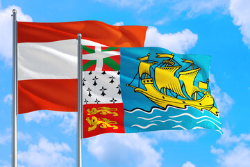 Saint Pierre And Miquelon and Austria national flag waving in the windy deep blue sky. Diplomacy and international relations concept.