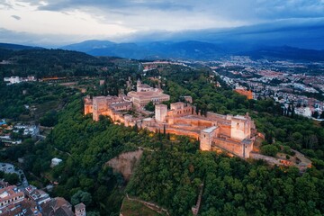 Naklejka na ściany i meble Granada Alhambra aerial view at night