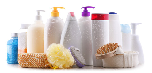 Plastic contaiers of shampoos and shower gels isolated on white
