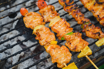 Barbecue cooking over a hot fire with assorted spicy chicken on the grill